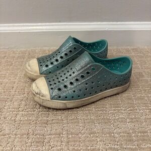 Native Kids Glitter Teal Water Shoes Slip On Perforated Casual Sneakers C11